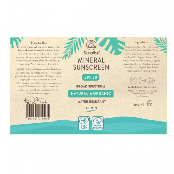 Suntribe Protezione solare minerale completamente naturale per il corpo e il viso SPF 30 50ml