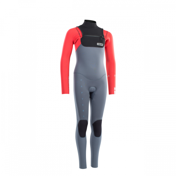 ION Capture Neoprenanzug 4/3 mm Front-Zip Kinder Jugendliche stahl-blau rot-schwarz