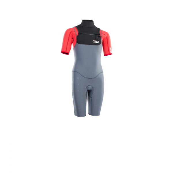 ION Capture Combinaison néoprène Shorty manches courtes 2/2 mm Front-Zip Enfants Adolescents acier-bleu rouge-noir
