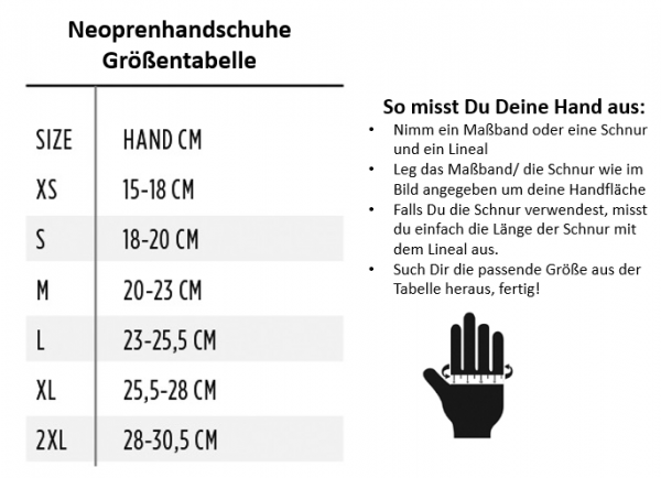 Jobe Größentabelle Neoprenhandschuhe