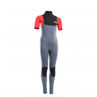 ION Capture Neoprenanzug Kurzarm 3/2 mm Back-Zip Kinder Jugendliche stahl-blau rot-schwarz